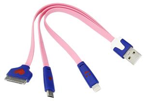 USB 3 в 1 кабель Lightning/30pin/micro USB/PVC/flat/pink/0,15m/REXANT