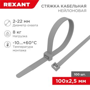 Стяжка кабельная нейлоновая 100x2,5мм, серая (100 шт/уп) REXANT 