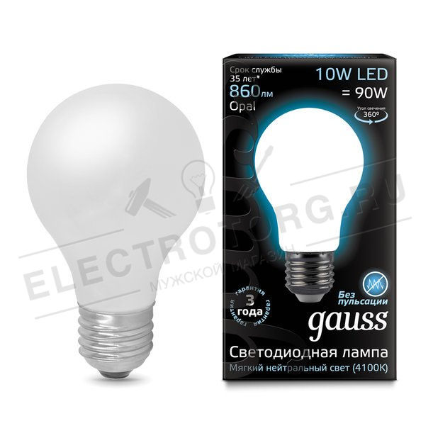 Лампа Gauss LED Filament A60 OPAL диммируемая E27 10W 4100К 