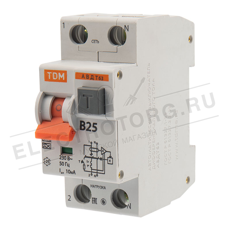 Автоматический выключатель дифференциального тока 2Р 25B 10mА 6kА (тип А) АВДТ63 TDM 