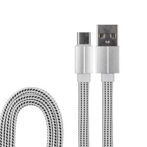 USB кабель USB Type-C, белый текстиль, 1 метр (плоский шнур) REXANT