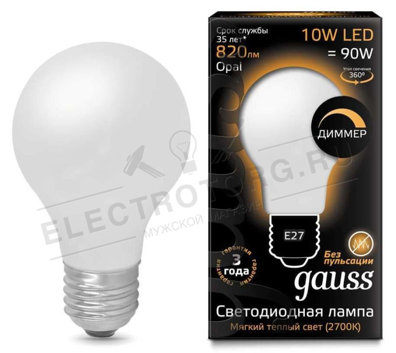 Лампа Gauss LED Filament A60 OPAL диммируемая E27 10W 2700К 