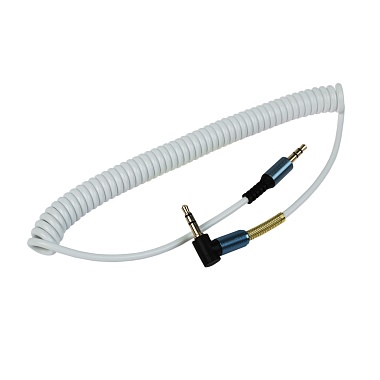 Аудио кабель 3,5ммштекер-штекер угловой, металлические разъемы шнур спираль, 1М белый