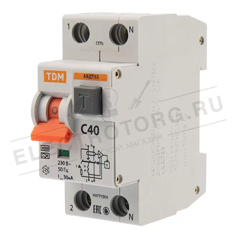 Автоматический выключатель дифференциального тока 2Р 40A 30mА 6kА (тип А) АВДТ63 TDM 