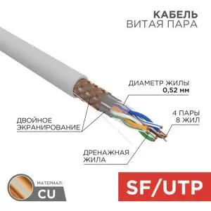 Кабель витая пара SF/UTP, CAT 5e, PVC, 4PR, 24AWG, INDOOR, SOLID, серый, 305м, REXANT 