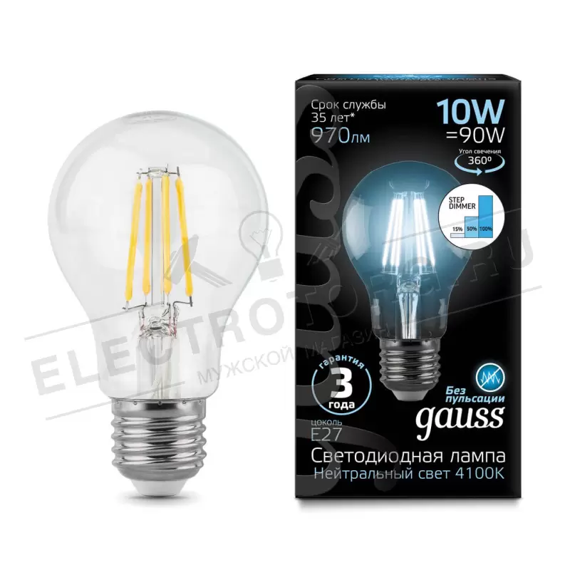 Лампа Gauss LED Filament A60 E27 10W 970lm 4100К step dimmable 